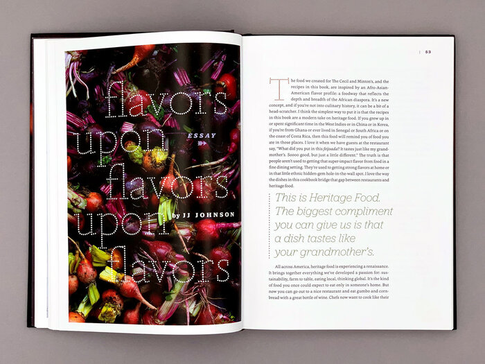 “Flavors upon flavors upon flavors”, with a drop cap from Tanja and a pull quote in light italic Jubilat.