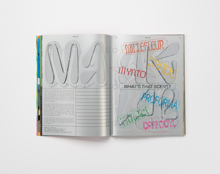 Spread featuring  and various styles of the GlyphWorld font series. The text typeface is .