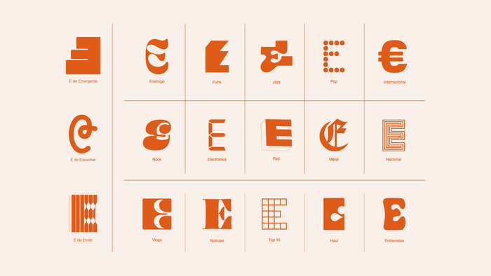 Each of the various categories is represented by an icon in the form of an E. Some of them use digital fonts, some are based on showings found in an old type catalog, and some are custom drawn.

&nbsp;

Emergente: , customized / Enemigo:  / Internacional: 
Escuchar: inspired by a  g, but altered to look like an ear and an E / Rock:  Italic / Electronica: , customized / Rap: , customized / Metal: 
Emitir:  / Vlogs:  / Noticias:  / Entrevistas: 