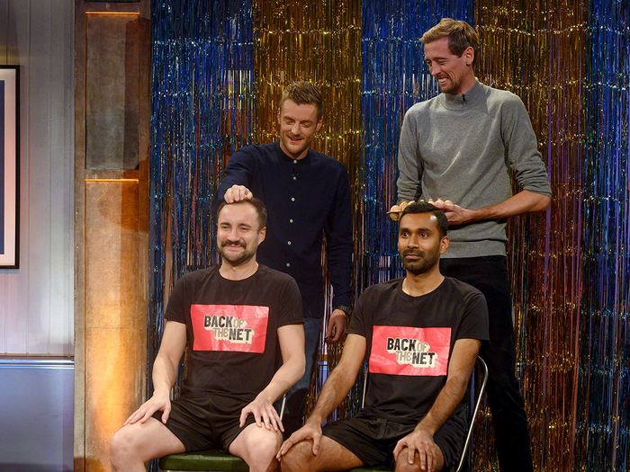 Host Peter Crouch and footballer Jamie Vardy on the show