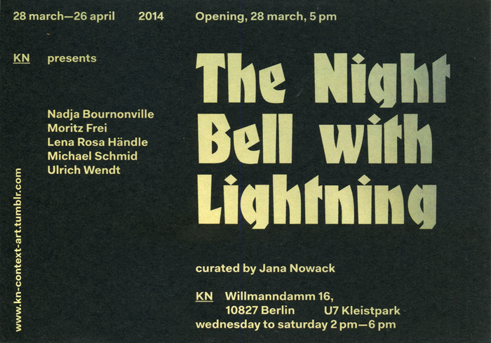 The Night Bell With Lightning flyer (back). Fanfare was designed in 1927 by Louis Oppenheim for the Berlin-based foundry Berthold. The narrow sans serif/blackletter hybrid is used with loose wordspacing.