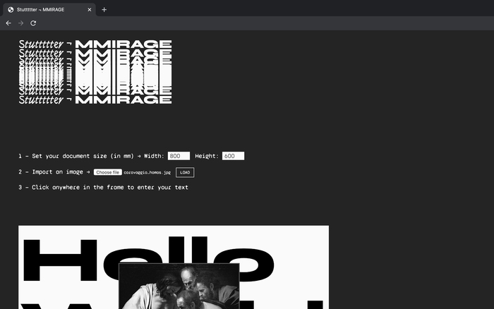 Stuttttter ¬ MMIRAGE: first step is to select the size of the document, import an image and insert a title.