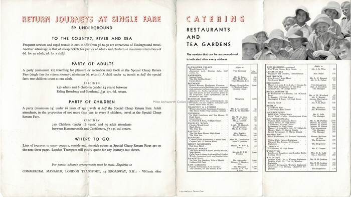 This page shows amongst other information a selection of restaurants and tea gardens that could cater for ‘numbers’. They include destinations that even then were on the edge of the rapid suburban growth that was often fuelled by the development of LT’s services! The destinations vary from outer London (such as Edgware), acknowledged Chiltern destinations and, of course, Southend on Sea as this was at the time part of a through services arrangement with the District line.