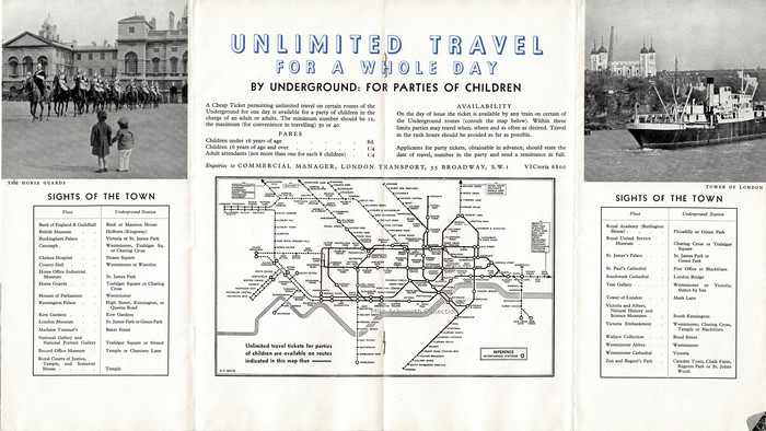 This centre double page shows an interesting variation on the then ‘new’ tube map, or railway diagram, by Beck, showing the extent of availablility of party travel tickets for children.