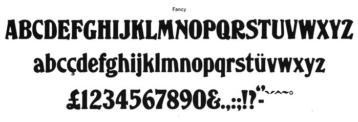 Glyph set of the regular-wide Fancy, from an undated Face Photosetting catalog.