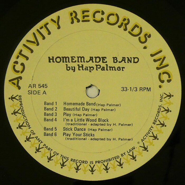 The record labels are quite different in design, but feature some interesting typefaces, too. “Activity Records, Inc.” is set on a curve, in bichromatic caps from . The title is in , with an A that doesn’t lend itself to all-caps settings. At least the metal original came with a less sprawling alternate form. The track list is composed from  in two weights.