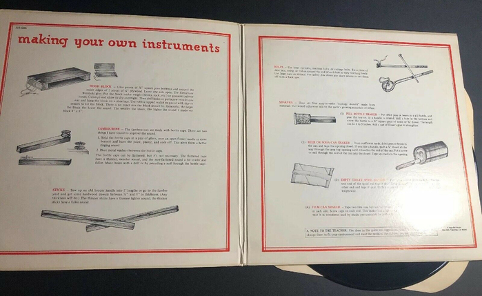 The gatefold has instructions for “making your own instruments”, with a headline in .