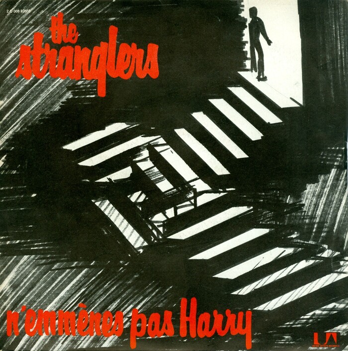 &ldquo;N&rsquo;Emm&egrave;nes Pas Harry&rdquo; (&ldquo;Don&rsquo;t Bring Harry&rdquo;) with B side &ldquo;Livin&rsquo; In a Bear Cage&rdquo;, United Artists Records, distributed by Path&eacute; Marconi (France, 1980). The uncredited designer aimed to use the same style as seen in the logotype. Judging from the differences in repeating letters, this is hand lettering.
