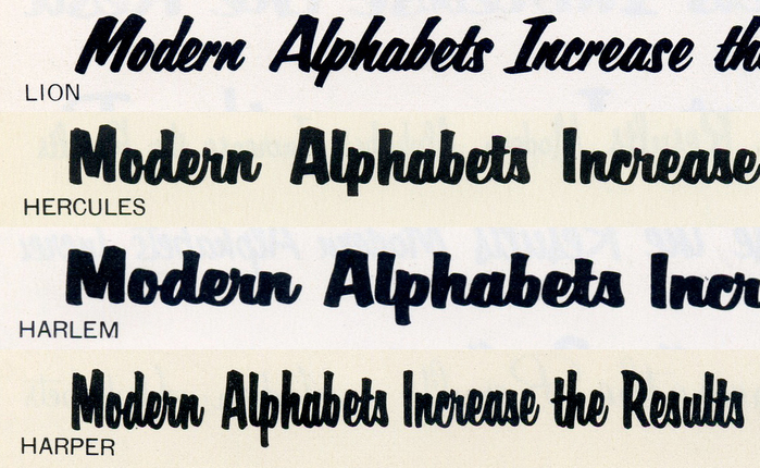 , , , and  form Filmotype&rsquo;s series of bold brush scripts. The latter three are all distinguished from similar faces by a g with a straight, hookless descender (the q curves to the right). I can very well imagine that Harper was picked for this unusual letterform, which adds a curt accent to the center of the wordmark. Image compiled from a c.1958 specimen.