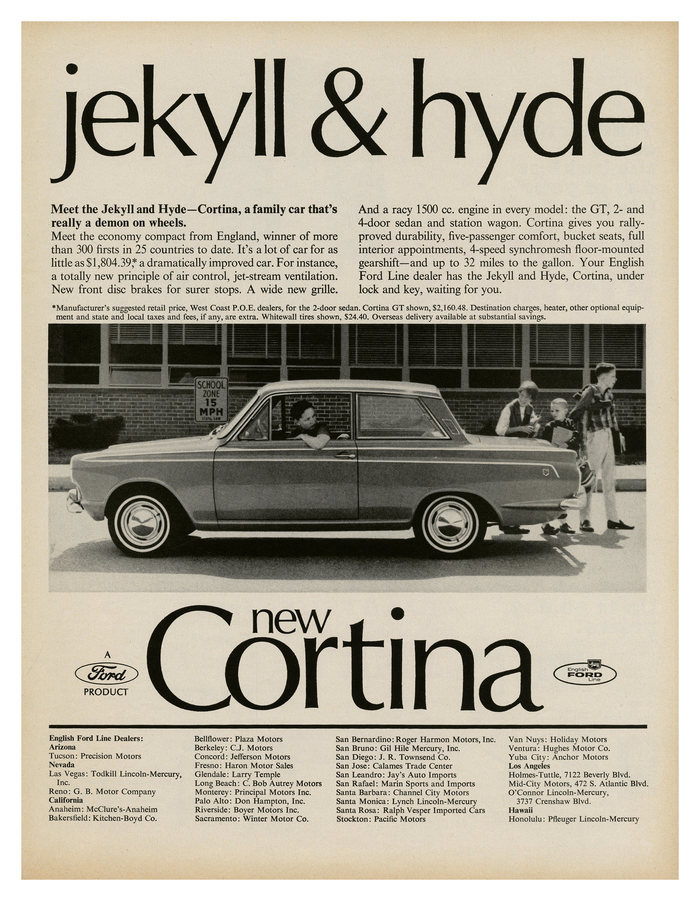 “Jekyll & Hyde” – ad for Ford Cortina from the English Ford Line (1965), combining big  with text in .