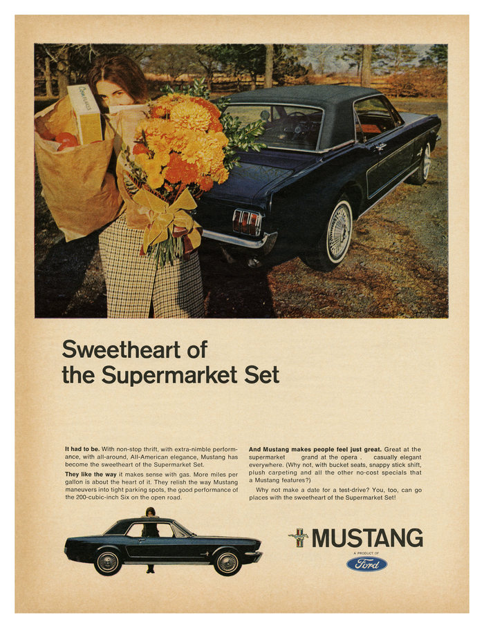 “Sweetheart of the Supermarket Set” – ad for the Ford Mustang (1966), with  AKA Standard for display type and the similar  for the copy.