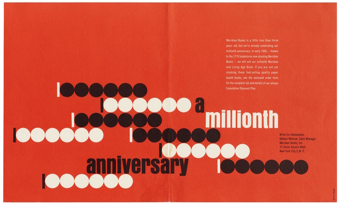 A Millionth Anniversary mailing card for Meridian Books