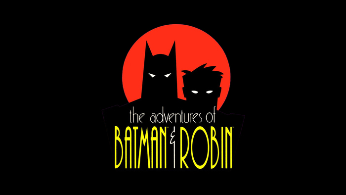 Logo for The Adventures of Batman &amp; Robin, featuring lowercase , a 1990s riff on , and all-caps , both with squeezed letterforms. The ampersand is probably custom.