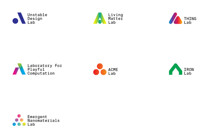 Labs within the Institute are represented by one of the 36 bespoke A’s in either a solid graduated color with supporting lab-related type in Suisse Int’ l Mono.