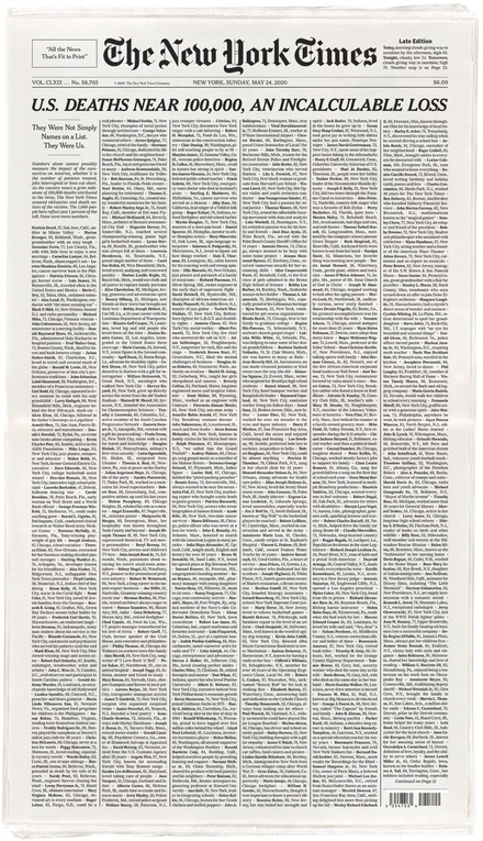 “Incalculable Loss” front page of <cite>The New York Times</cite> for May 24th, 2020