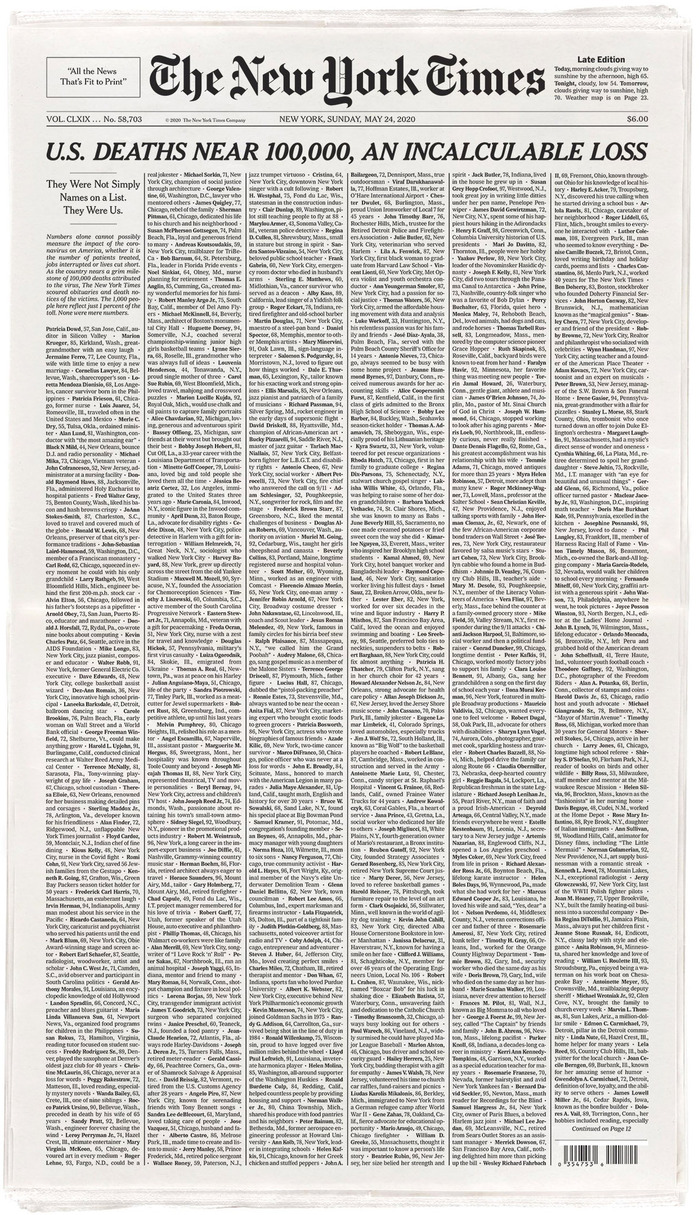 &ldquo;Incalculable Loss&rdquo; front page of The New York Times for May 24th, 2020 1