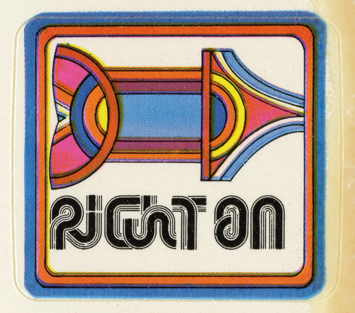 “Right On” in Stripes, with alternates used to make ligatures. Some of its eight lines were filled in as it was suggested by Letraset.