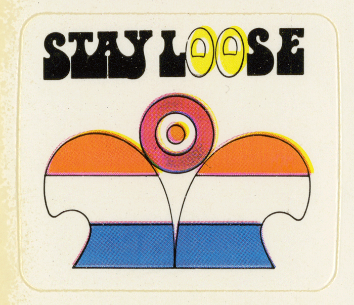  (Letraset, 1972) for “Stay loose”. The bottom-heavy face was designed by Tony Wenman who also created Stripes.