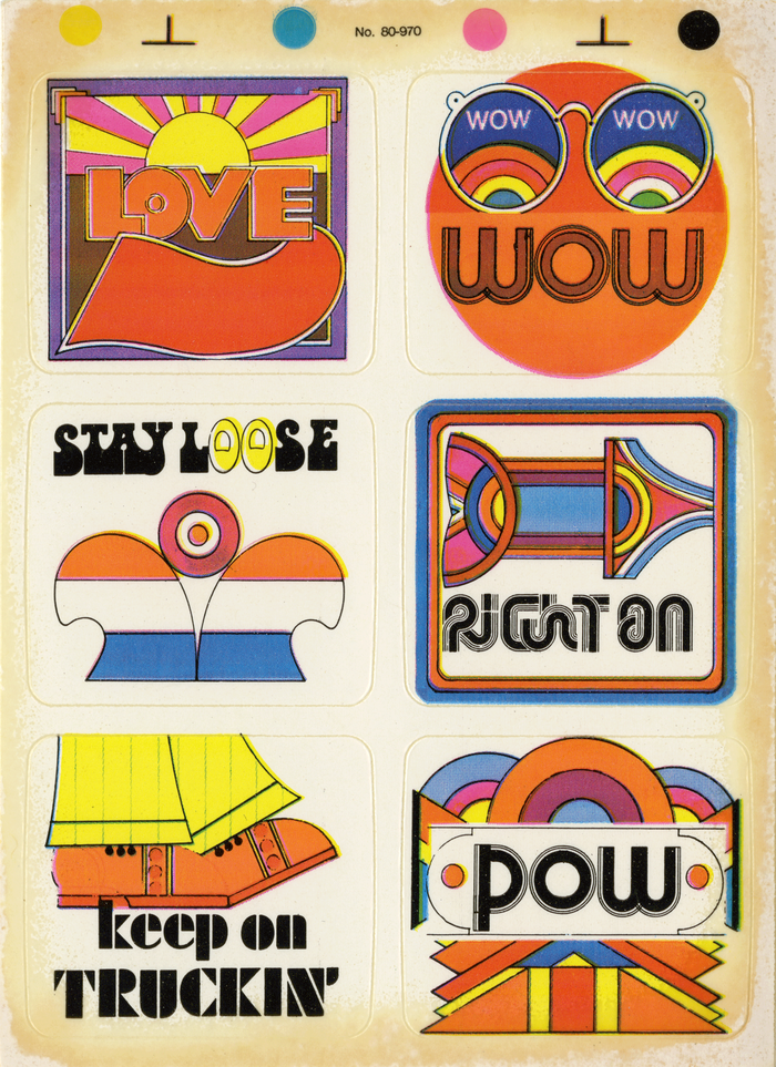 Full sheet. “Love” appears to be lettering modeled after an extrabold sans. “Wow” is based on Optex.