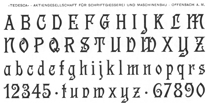 Tedesca&rsquo;s glyph set as shown in Petzendorfer&rsquo;s Schriftenatlas Neue Folge (1903&ndash;1905).