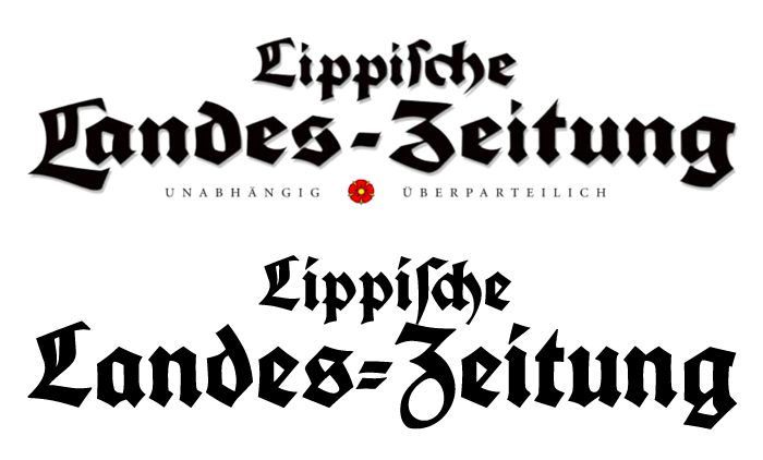 The newspaper nameplate as used in 2018 (top), compared to Deutsche Schrift fett (Lindenthal&rsquo;s digitization named Koch-Fraktur Bold, bottom).