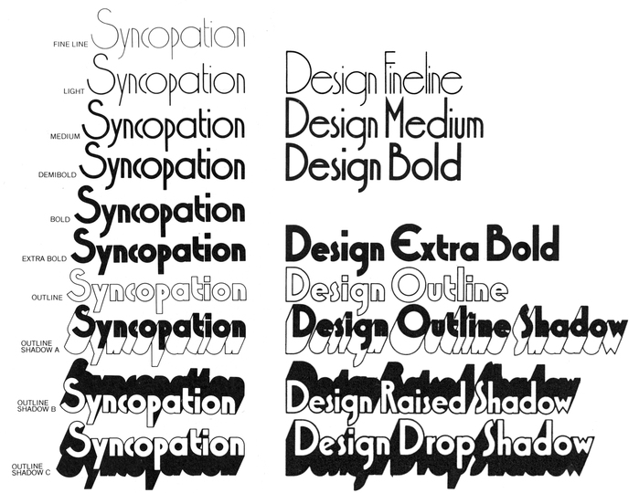 Style range of Syncopation as shown in Headliners&rsquo; 1978 catalog (left) compared to the style range of Design, compiled from samples in Typeshop&rsquo;s 1973 catalog (right).