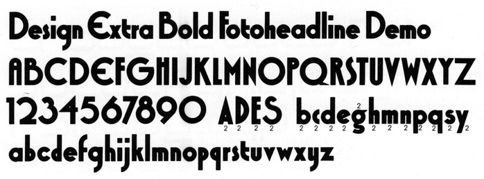 Glyph set of Design Extra Bold with alternate glyphs, as depicted in Typeshop&rsquo;s 1973 catalog. Syncopation has the same alternates.