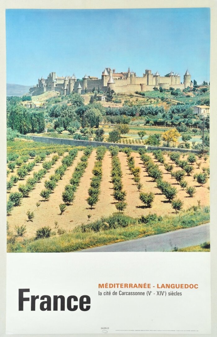The fortified city of Carcassone and three styles of Adrian Frutiger’s  (1957). Although commonly associated with the Swiss International Style, this momentous typeface family was designed at Deberny &amp; Peignot in France.