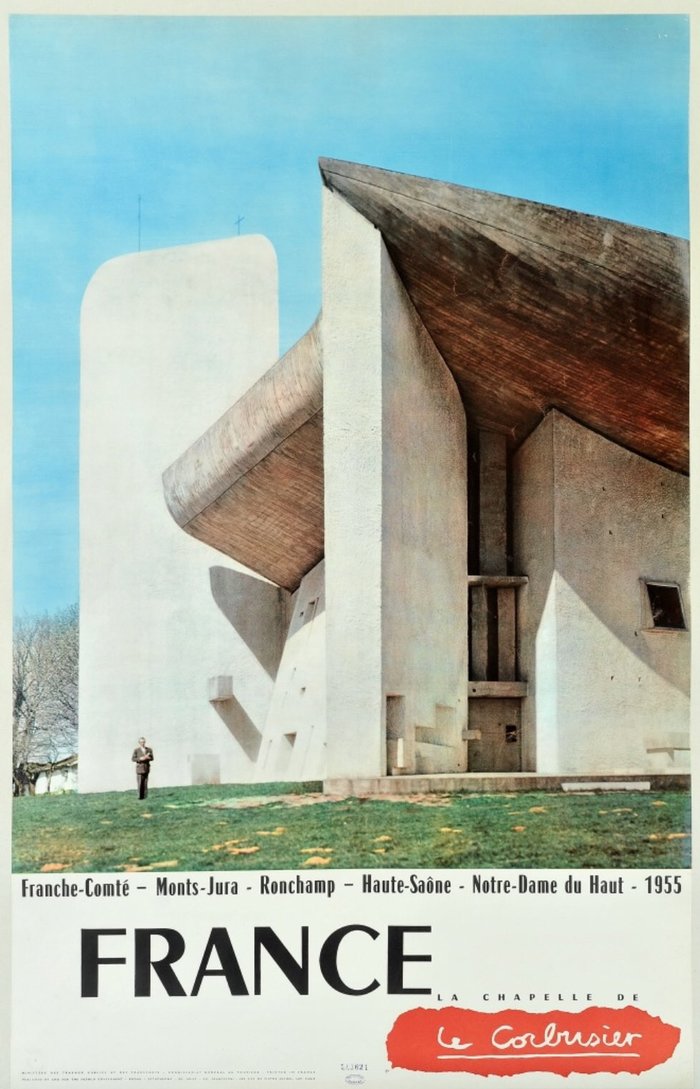 Le Corbusier’s Chapelle Notre-Dame du Haut (1955) and more Chambord étroit. Neither Chambord demi-gras nor Peignot/Touraine (nor Île de France) seem to match the caps used for “France”. My best guess is that it's custom lettering based on Chambord.