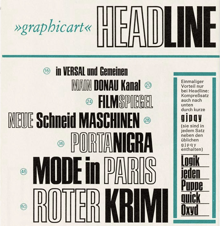 Detail from a specimen for Headline by Ludwig & Mayer, ca. 1965.