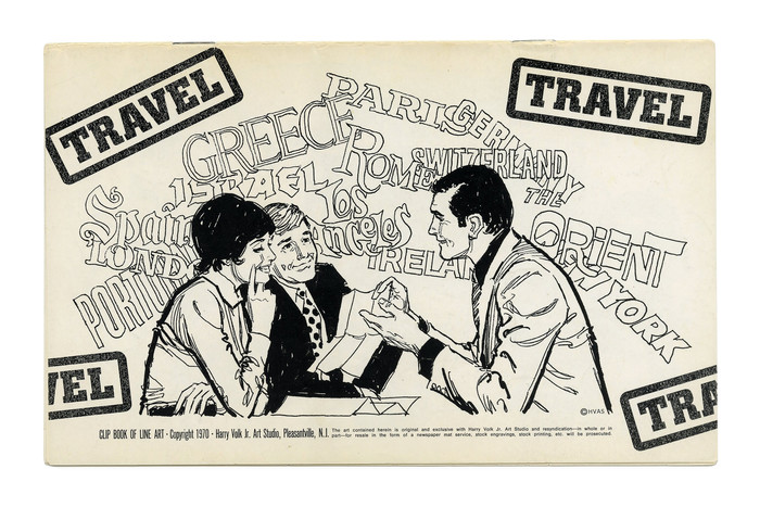 “Travel” (No. 195). While the title is set in caps from Georg Trump’s  fett, rasterized and repeated at varying angles like stamps in a passport, the names of the destinations are hand-lettered. Some are probably based on existing faces, e.g. “Orient” appears to emulate . “Greece” might be patterend after .
