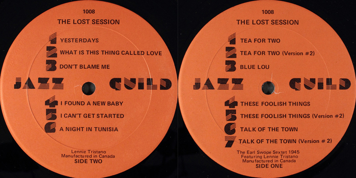The Earl Swope Sextet 1945 featuring Lennie Tristano ‎– The Lost Session album art (Jazz Guild, 1982) 3