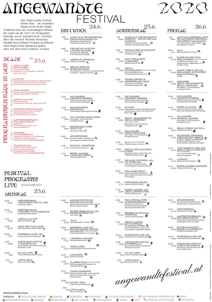 Timetable poster (back). Dates and intro text in , headings in , descriptions in .  is used for the URL.