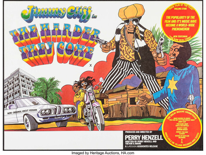 British Quad (30″×40″) poster for a 1977 re-release of the “original uncut version” by Lagoon Associates. Again, the elements of Bryant’s artwork were rearranged, now optimized for the landscape format. Additional text is set in all-caps .