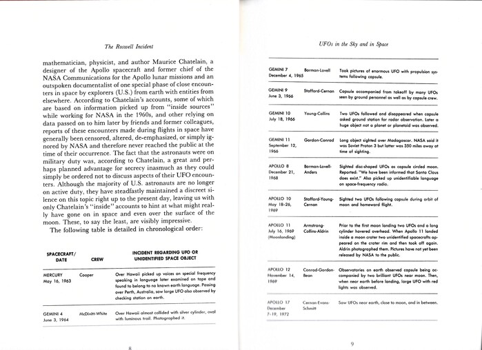 An interior spread with a table of UFO sightings by astronauts, neatly set in Futura.