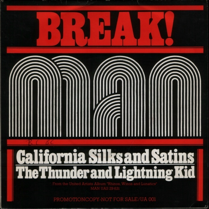 Promo copy for “California Silks And Satins” / “The Thunder And Lightning Kid” from the 1974 album Rhinos, Winos and Lunatics, ft.  for titles and  for small print.