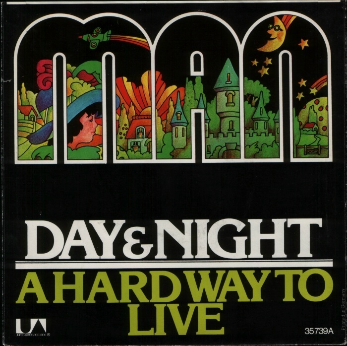 “Day And Night” / “A Hard Way To Live” from the 1974 album Slow Motion. In this design, the letterforms of Stripes were made solid and filled with illustration. Titles set in all-caps .