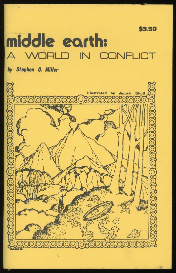 Middle Earth: A World in Conflict by Stephen O. Miller, with illustrations by James Shull. T-K Graphics, 1975. [More info on ISFDB]  is used in lowercase letters from the Bold, with alternates for a e r. The other fonts are  Light Extended,  Italic, , and .