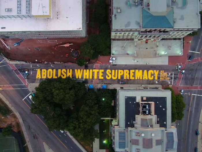 “ABOLISH WHITE SUPREMACY” on Martin Luther King Jr. Boulevard, between the Essex County Courthouse and the Veteran’s Courthouse.