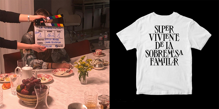 Left: production shot. Right: a T-shirt, produced as a part of the crowdfunding. The shirt says: “I am a survivor of a long family lunch talk”.