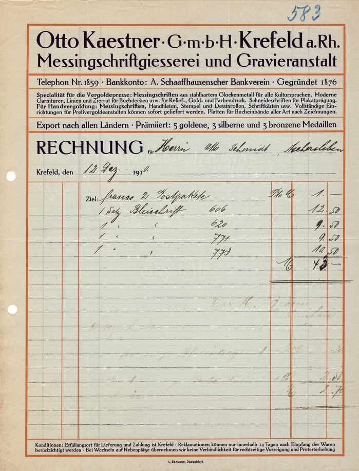 Otto Kaestner G.m.b.H. Krefeld a. Rh. Messingschriftgiesserei und Gravieranstalt invoice. Probably printed by an “L. Schwann” in Düsseldorf. While the invoice does not include a date of printing on it, this particular invoice was issued to a customer on 12 December 1910. The invoice was typeset in various sizes of Peter Behrens’s Behrens-Antiqua typeface, produced by Gebr. Klingspor in Offenbach am Main.