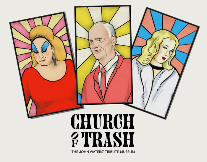 As part of the nod to the museum’s name, the identity includes illustrations in the style of stained-glass windows of Waters and some of his closer collaborators; Divine and Mary Vivian Pearce.