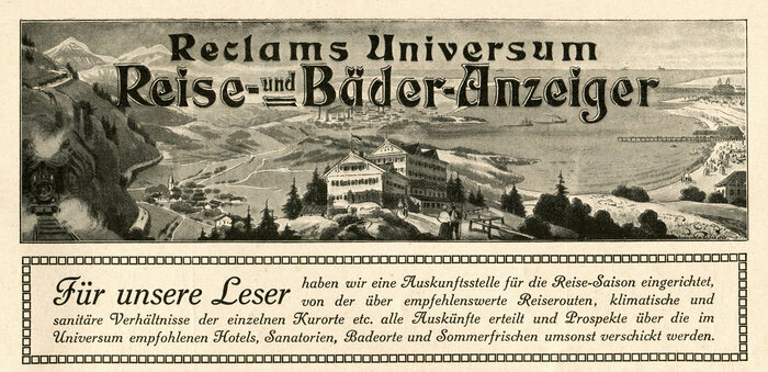 Head of the Reise- und Bäder-Anzeiger with lettering modeled after , including a fancy highlight version. The smaller text is set in -Circular, an italic with swash caps that was part of Berthold’s recutting of .