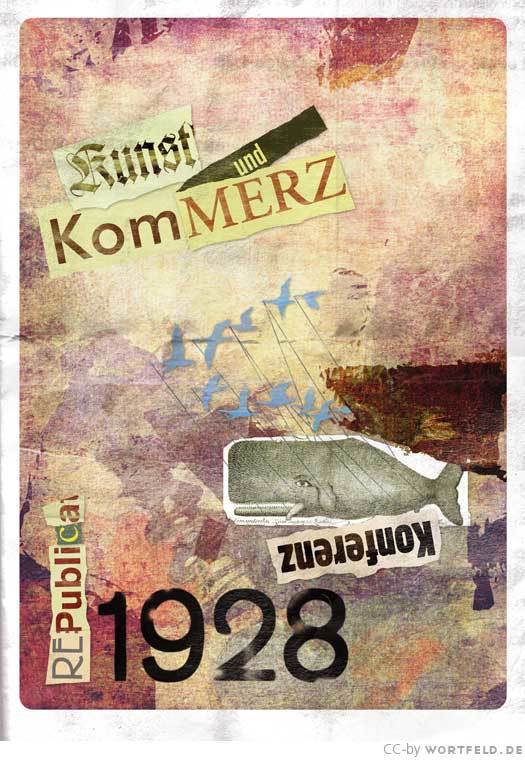 The 1928 poster is a nod to Kurt Schwitters and his MERZ collages, with a mix of Wilhelm-Klingspor-Gotisch, Akzidenz-Grotesk, some more Rennie Mackintosh, Block, Futura – and Adobe Garamond (1989).