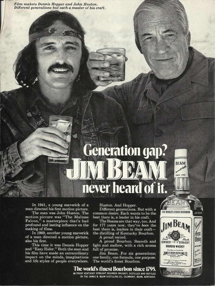 Jim Beam ad: “Generation gap? Jim Beam never heard of it.” (1972)
