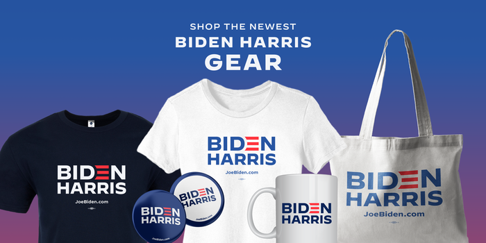 Biden Harris merch including T-shirts, buttons, mugs, and tote bags.