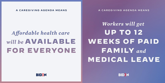 Social media cards explaining the caregiving agenda, featuring all-caps Decimal and Mercury Bold Italic.