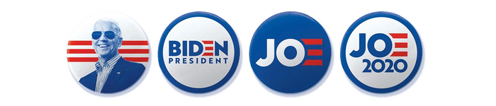 Buttons with “Biden President” and “Jo 2020” logo variants.