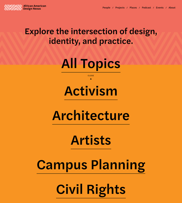 Homepage with detail of the expanded menu.
