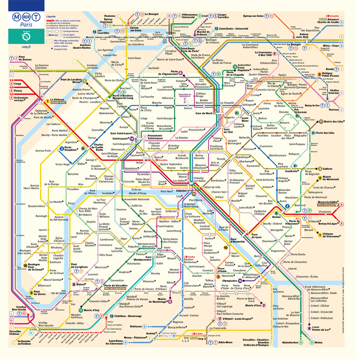 Diagram of the metro, RER, bus, and tramway lines.